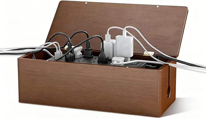 DELAMU 14.17" Large Cable Management Box with Magnetic Lid, Cord Mangement Box and Cord Box Hider for Electrical Cord Management with Ventilation Design, Hide Cables on Desk and Floor, Cable Box Brown