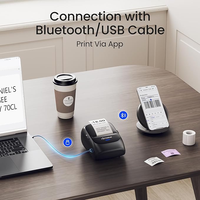 CLABEL Label Maker Machine with Tape, 221B Thermal Bluetooth Label Printer 2 Inch Portable Barcode Inkless Sticker for Small Business, Retail Office,Office, Home, Came with 1 Roll Label (Black)