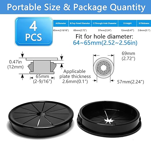 BOPOREAE 4 Pcs Cable Grommet, Snap Bushing 2-9/16" (65 mm) Mounting Diameter, Flexible Petal-Shaped Buckle Round Nylon Desk Grommet for Wires Through Countertop Cord Organizer and Protection, Black