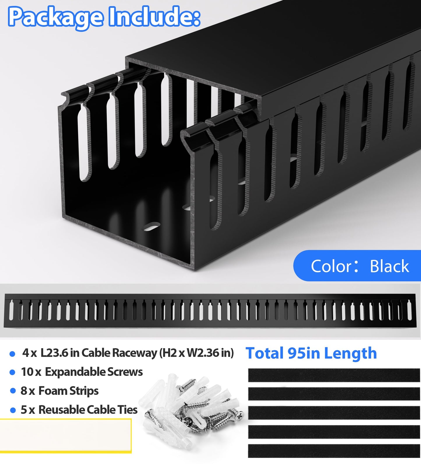 ZhiYo H2in x W2.4in Professional Server Rack Cable Management Raceway, 95in (4X L23.6in) Cable Raceway Kit, Electrically Safe PVC, Open Slot Wire Hider for Under Desk/Computer/Network Cords