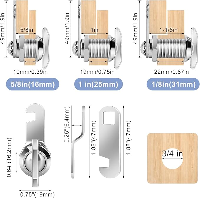 Sissinda Thumb Operated Offset Cam Lock, 5/8" Cylinder Fits on 3/8" Max Door Thickness, Non-Locking Cam Lock for RV Compartment Storage Door, Cabinets, Drawers (5/8 Inch 3Pack)