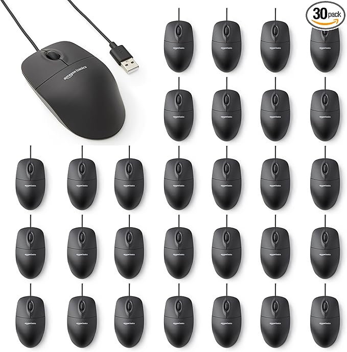 Amazon Basics 3-Button USB Wired Computer Mouse, Black, 30-Pack