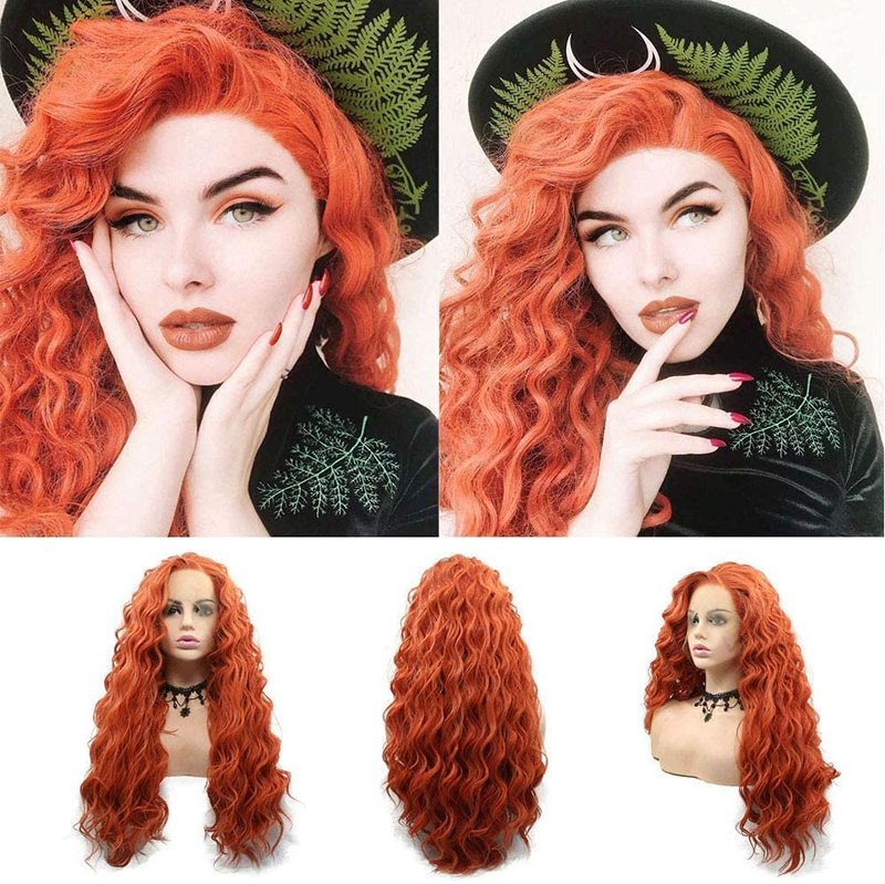 Orange Lace Front Wigs for Women Girls Real Handmade Long Deep Curly Loose Wave Free Part Wig Synthetic Hair Gold Orange Wavy Glueless Synthetic Heat Resistant Fiber Hair Wigs Daily Cosplay 24 Inch