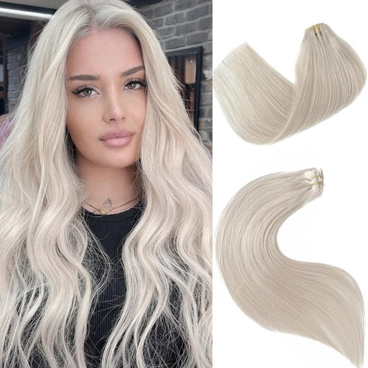 Real Human Hair Clip-In Extensions - Ice White Remy, 18 Inch, 7 Pieces, 70G