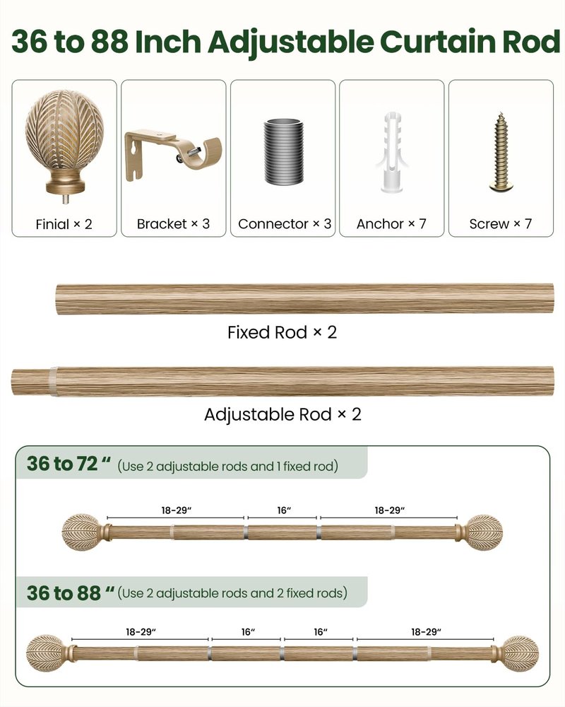 OICIPT Boho Wood Curtain Rods for Windows 48 to 84 Inch, 1" Adjustable Curtain Rod with Imitation Wooden Grain Finials, Decorative Heavy Duty Rustic Farmhouse Drapery Rods, 36-88'', Weathered Wood