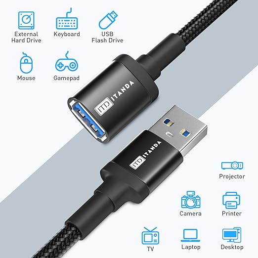 ITD ITANDA 6FT USB Extension Cable USB 3.0 Extension Cord Type A Male to Female 5Gbps Data Transfer for Keyboard, Mouse, PlayStation, Xbox, Flash Drive, Printer, Camera and More, Black