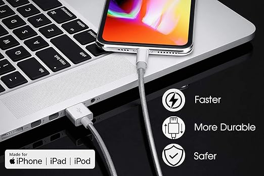 METZONIC MFi Certified Charger Cable[2 Pack, 6.6 Feet] Metal Braided USB Cable with Insulation Coated Steel Jacket, Strong & Fast Charging Data Transfer Cord Compatible with iPhone/iPad