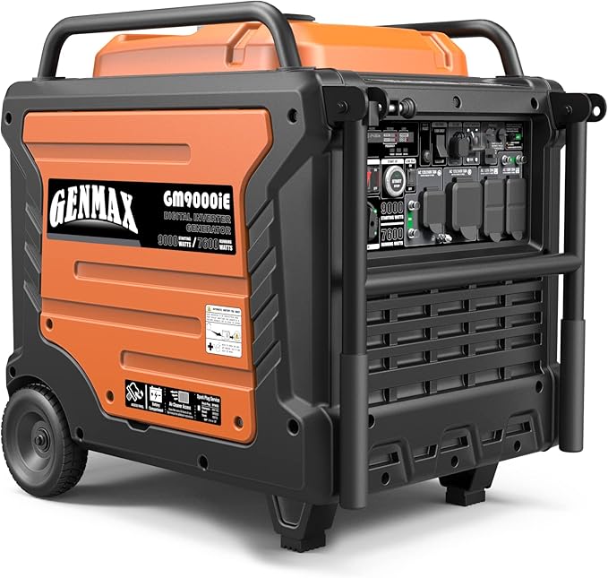 GENMAX Portable Generator, 9000W Super Quiet Gas Powered Engine with Parallel Capability, Remote/Electric Start, Digital Display,EPA Compliant，CO Alarm Ideal for Home Backup Power (GM9000iE)