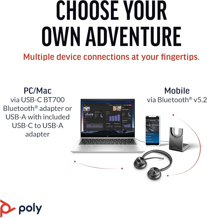 Poly Voyager 4320 UC Wireless Headset & Charge Stand - Noise-Canceling Wireless Headphones with Mic - Connect to PC via USB-C to USB-A Adapter, Cell Phone via Bluetooth, Microsoft Teams Certified