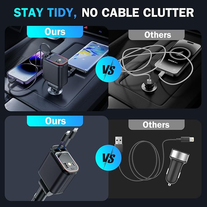 4 in 1 Retractable Car Chargers with Starlight, 66W USB C Fast Car Charger Adapter with 2 USB Ports for All iPhone 15/14/13/12/11 and for All Android (Black - RedLight)