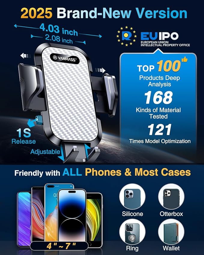 VANMASS Phone Holders for Your Car Ultimate Military-Grade Car Phone Holder Mount【Patent & Safety Certs】Upgraded Shockproof Truck Air Vent Phone Mount for iPhone 17 Pro Max 16 Samsung Android,Silvery