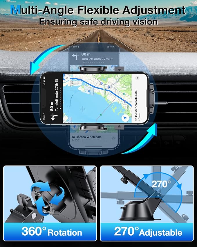 HTU Car Phone Holder【2026 Upgraded 100+LBS Suction & Safety Cert】 Cell Phone Car Mount for Truck Heavy Duty Phone Holder for Dashboard/Windshield/Vent for iPhone 17 16 Pro Max, Navy Blue