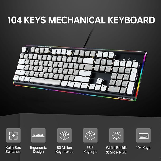Hexgears GK735 Wired Full Size Mechanical Keyboard, Aluminum Housing Built for Gamers w/Kailh Box White Switch, White Backlit + Surrounded by RGB Light Strip, 104 Keys Gaming Keyboard for PC/Mac