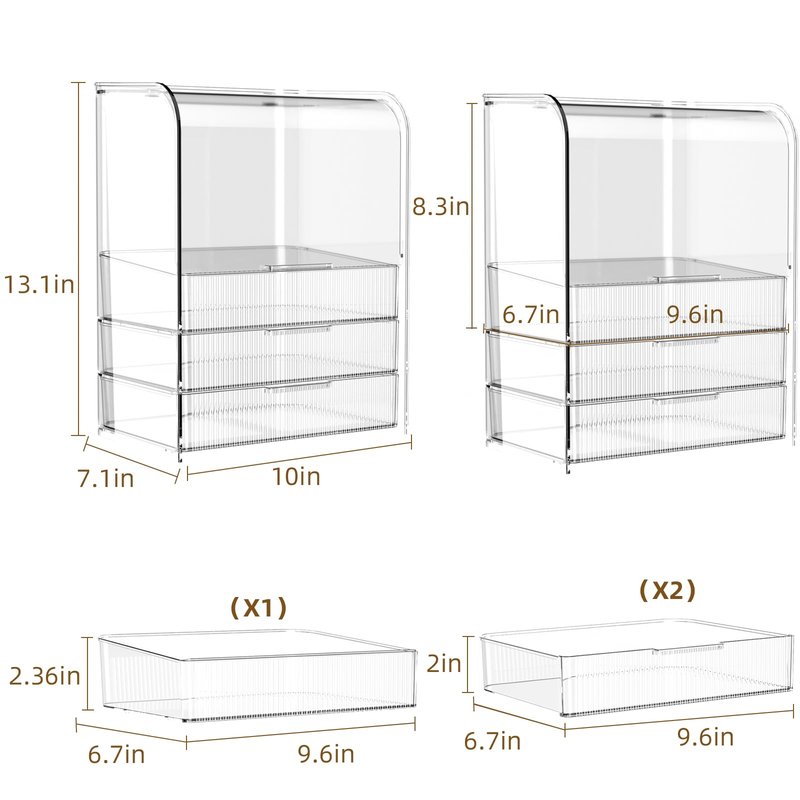 GearFusion 3 Tier Clear Cosmetic Organizer, Makeup Display Case with Lid & Drawers, Countertop Dresser Vanity Storage Box, Beauty Holder for Skincare Lipstick Brush