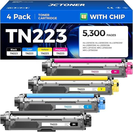 JCTONER TN223 Toner Cartridge 4-Pack Replacement for Compatible with Printer Ink Color Black