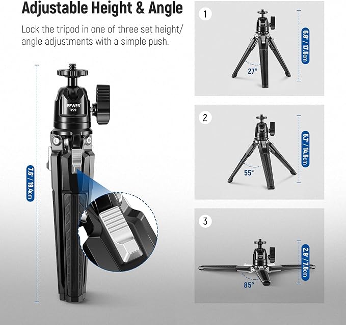 NEEWER Mini Desk Tripod, Metal Table Top Small Portable Travel Selfie Stick Stand with 360° Ball Head & 1/4" Screw for Camera Mobile Phone Holder Action Cam, Cleaning Cloth, Max Load 6.6 lbs, TP29