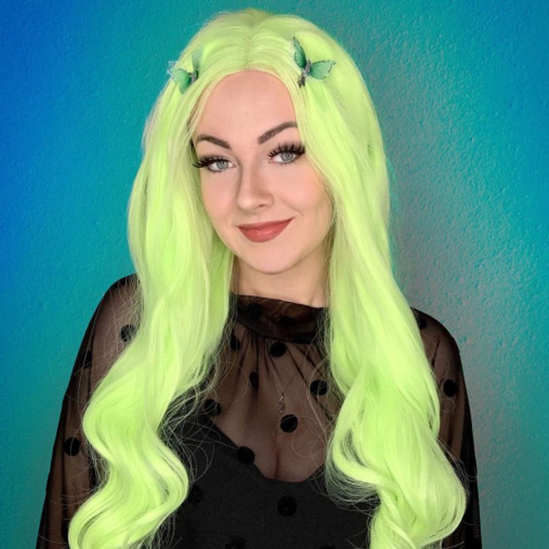 Neon Green Lace Front Wig Curly Fluorescent Green Synthetic Lace Front Wigs for Women Long Body Wave Pastel Glueless Lace Wigs Preplucked Hairline Real Hair Wig Baby Hair Daily Cosplay 24 Inch