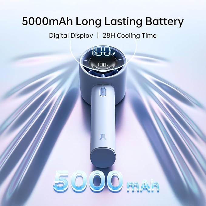 JISULIFE Handheld Turbo Fan Life10S – 5000mAh Rechargeable Portable Fan, 28H Runtime 5-Speed Powerful Airflow, Quiet Mini Hand Fan Blows Cold Air for Travel, Beach, Sports, Concerts, Men & Women（Blue）
