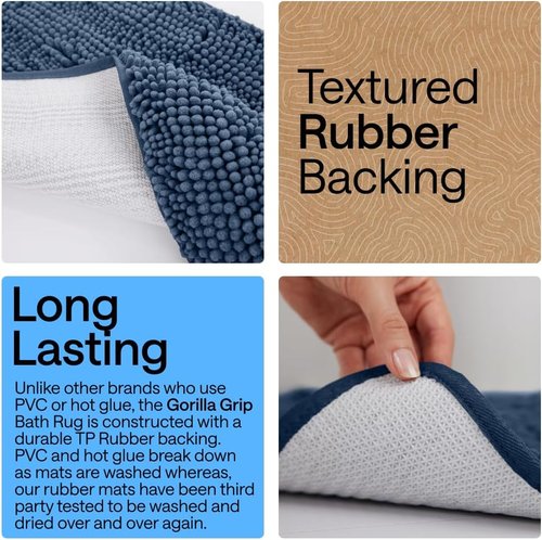 GORILLA GRIP Bath Rug Mat - Soft Absorbent Chenille | Quick-Dry Microfiber, 60x17, Navy Blue