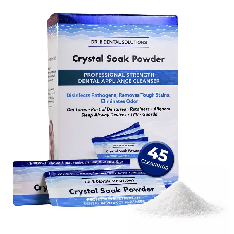 Dr. B Dental Solutions Powder Crystal Soak Cleanser, Ideal for Oral Appliances, Dentures, Night Guards, Retainers, Aligners, and Sleep Apnea Devices - 45 Single Use Packets