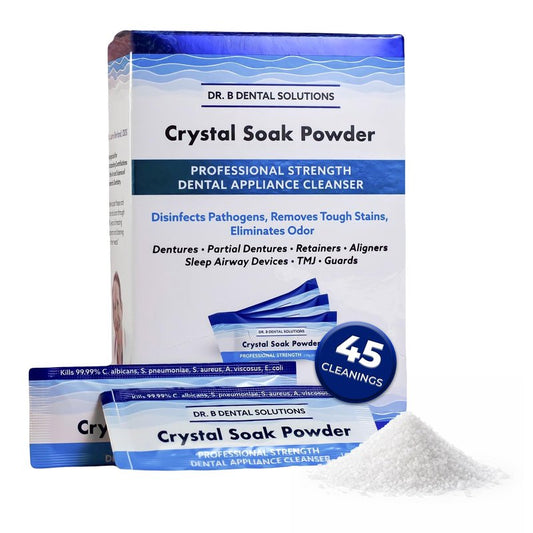 Dr. B Dental Solutions Powder Crystal Soak Cleanser, Ideal for Oral Appliances, Dentures, Night Guards, Retainers, Aligners, and Sleep Apnea Devices - 45 Single Use Packets