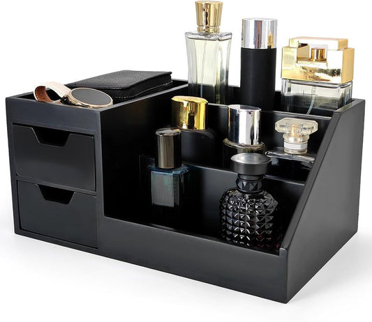 Perfume & Makeup Organizer - Wooden Countertop Rack for Cologne, Skincare & Dresser | Black, Medium Size