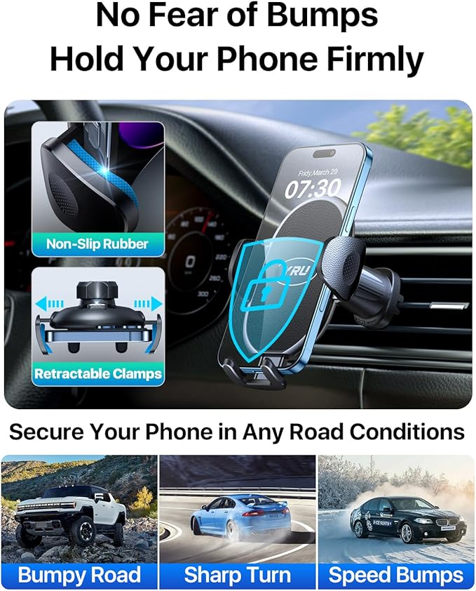 YRU Phone Holders for Your Car [2026 Upgraded Military Metal Hook], Cellphone Holder Car[No Fear of Bumps] Vent Phone Mount Truck Compatible with iPhone17 16 15 14 13 12 Samsung Android, Jet Black