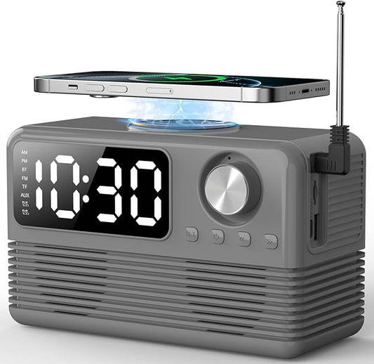 FlyShow 15W Fast Wireless Charger with Bluetooth Speaker and Alarm Clock Radio,4 in1 Wireless Charging Station for iPhone,Android Phones with FM Radio for Bedroom