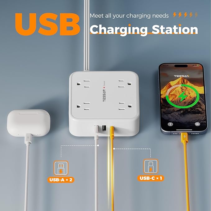 TESSAN Surge Protector Power Strip, 15 Ft Flat Plug Extension Cord with 3 USB (1 USB C 20W PD) 8 Outlets, 1250W, 900J Protection, 3 Sided Outlet Extender with Power Switch for Office, Dorm Room, White