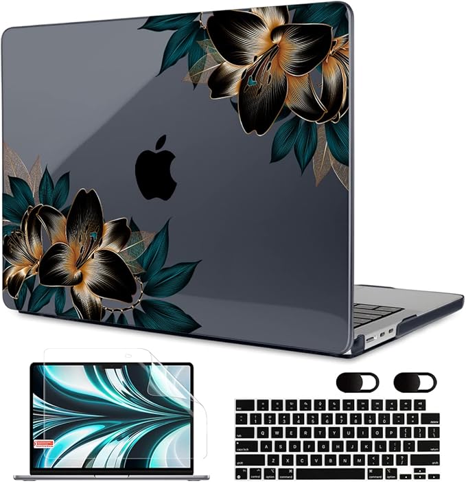 MEEgoodo Case for M5/M4/M3/M2 MacBook Air 13 inch 2026 2025 2024 2022, Fit Model A3449/A3240/A3113/A2681, Case Compatible with MacBook Air 13.6-inch, Golden Lilies