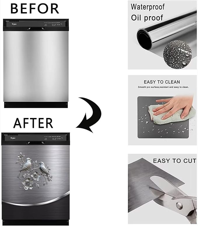 Grey Metal Silver Bird with Flower Pattern Magnetic Dishwasher Cover Sheet,Polishing Steelbird Dishwasher Skin Decor Silver Texture,23X17 INCH Magnet Rerigerator Kitchen Panel Decal Sticker