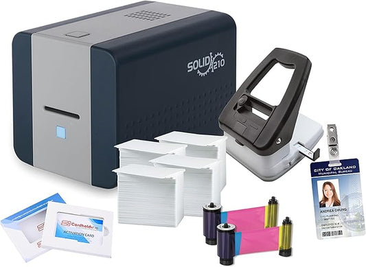 Cardholdir ID Easy Badges Solid 210 ID Badge Printer | with Beginner Software, & Everything Needed to Design and Print 400 ID Cards, | Single Sided Employee & Student ID Card Printer