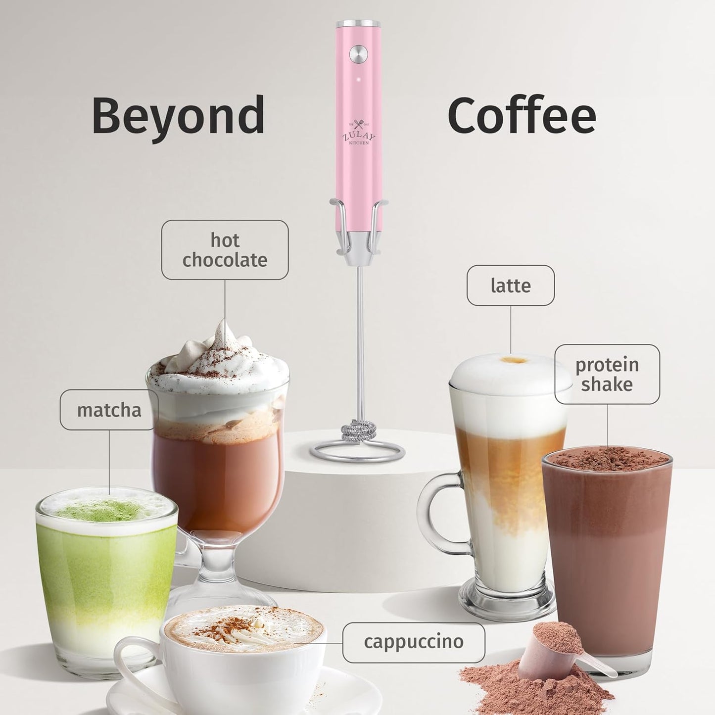 Zulay Kitchen Rechargeable Milk Frother - Powerful 2-Speed Motor, Waterproof Design | Pink Bubblegum Color