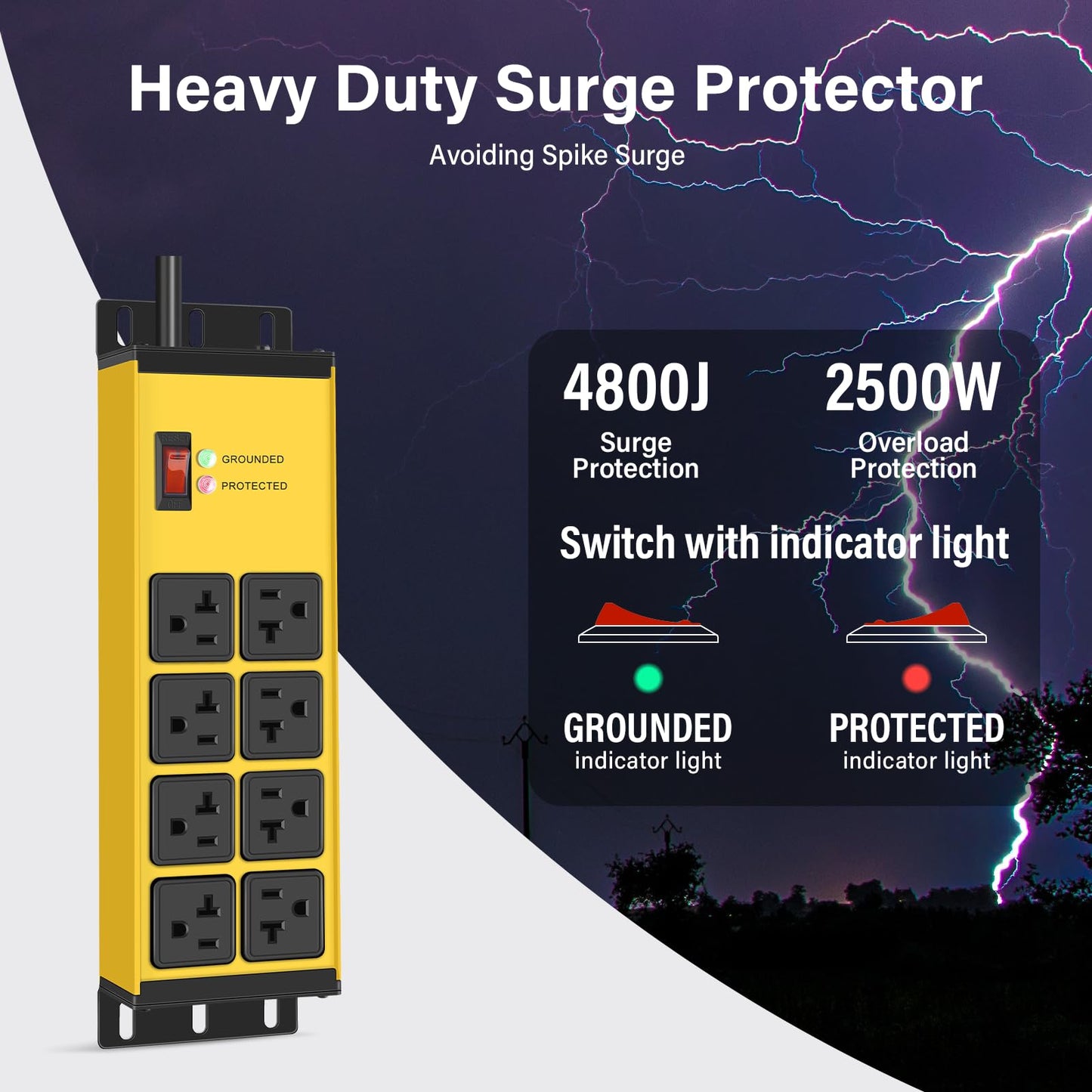 CCCEI Heavy Duty Power Strip Surge Protector 20 AMP Switch, 12 Gauge Extension Cord with Multiple Outlets, Industrial, Shop, Garage High Amp Wall Mount Electric Extender. 4FT, Yellow.