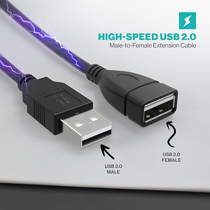 LORDTRONICS Long USB Extension Cable 10FT - Male to Female Data Transfer Adapter and Charging for Laptop, PlayStation, Xbox, Flash Drive - Black