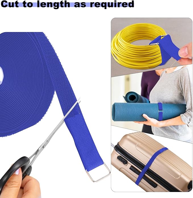 YMCRLUX 1"x16ft Hook and Loop Straps with 25 Metal Buckles, Adjustable Fastening Cable Straps, Cut-to-Length Cinch Strap, Reusable Nylon Securing Cord Ties for Organizer or Storage, 1 inch Wide,Blue