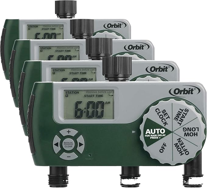 Orbit Programmable Digital Hose Watering Timer - 3 Outlet - Battery Powered - with LCD Screen - Built-in Rain Delay - Water-Resistant - 56082 (Pack of 4)
