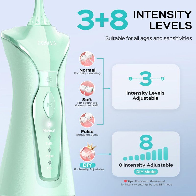COSLUS Water Dental Flosser Pick for Teeth C30(FC5360): 4 Modes Cordless Portable 300ML Larger Tank Water Teeth Cleaner IPX7 Waterproof Flossing Cleaning Picks for Home Travel Green