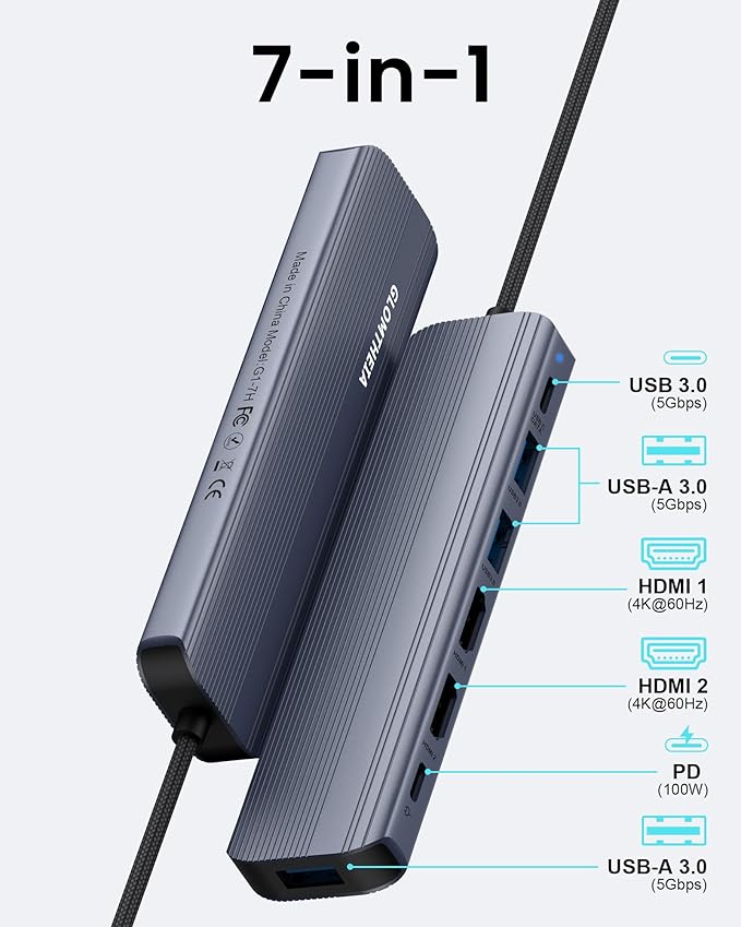 Glomtheia USB C Hub Docking Station Dual Monitor for Laptop, MacBook Air/Pro Dock Adapter Multiport Dongle with 2 HDMI Ports 4K 60Hz, 100W PD Charging, 3 USBA 3.0 & USBC