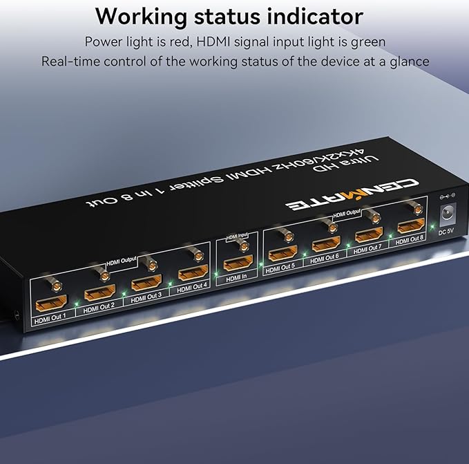 CENMATE HDMI Splitter 1 in 8 Out, 8 Port HDMI Splitter Support 4K@60Hz 4:4:4 8-bit Duplicate/Mirror, HDMI 2.0, 18 Gbps, EDID, HDCP, 3D Video Play