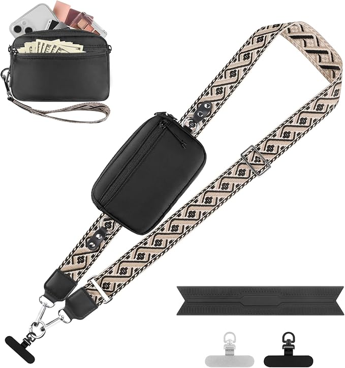 YFWE Clip and Go Strap for Phone with Wallet Crossbody, Adjustable Phone Lanyard with Detachable RFID Wristlet Wallet, Pattern Strap, Black (M)