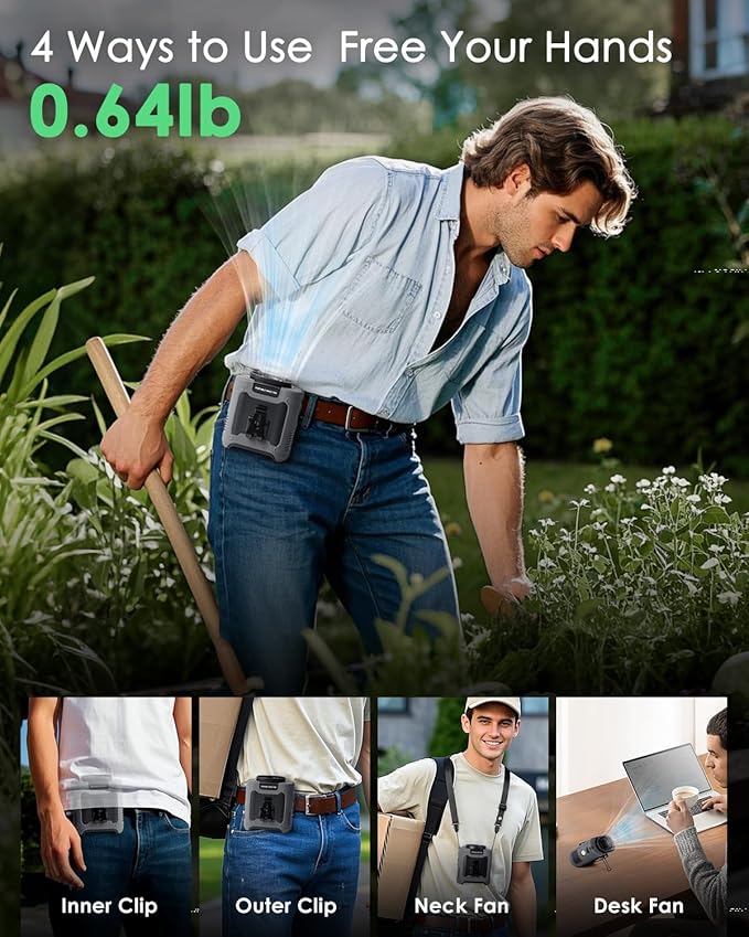 FANSEXPERT Portable Waist Fan Clip on, Personal Wearable Belt Fan 10000mAh Rechargeable Battery Under Shirt,5 Speeds with light, Neck Fan Hands-Free Cooling For Outdoor Camping Travel (Grey)