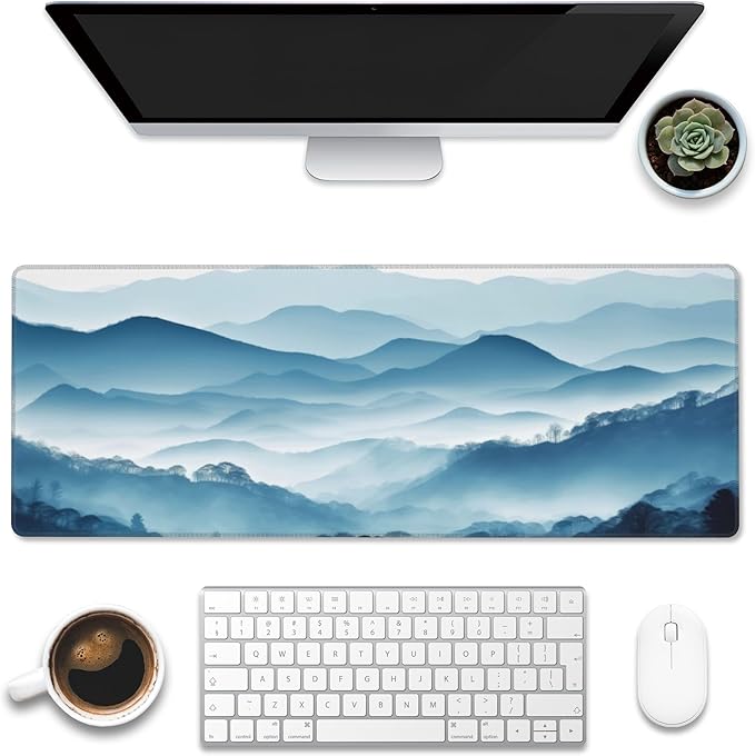 Eflxamz Large Gaming Mouse Pad for Desk,Mountain Desk Mat,Misty Forest Mountains Desk Pad,Extended Big Computer Keyboard Mouse Pad with Non-Slip Base and Stitched Edge,31.5"x11.8"