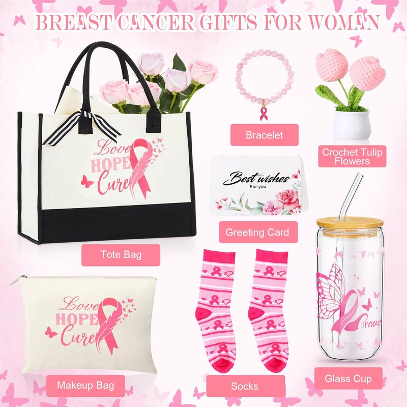 Capoda 7 Pcs Breast Cancer Gifts for Women Include Tote Bag Makeup Bag Glass Cup Card Sock Bracelet Crochet Flowers Breast Cancer Awareness Accessories Gifts Set Care Package for Survivor Patients