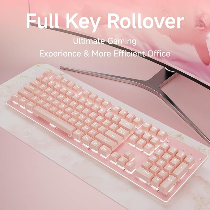 SEUNKWANG EWEADN TK100 Typewriter Keyboard Wired Mechanical Keyboard, 104 Keys Aesthetic Typewriter Keyboards with White Backlit, Anti-Ghosting, Blue Switch Wired Cute Keyboards-Pink