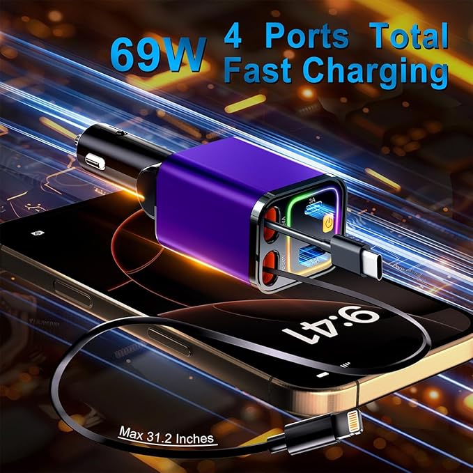 4 in 1 Retractable Car Charger,69W USB-C Fast Car Charger, for iPhone16/15/14/13/12,Cigarette Lighter Charger (Grey, for Apple+Type C &RGB Breathing Light [Purple])