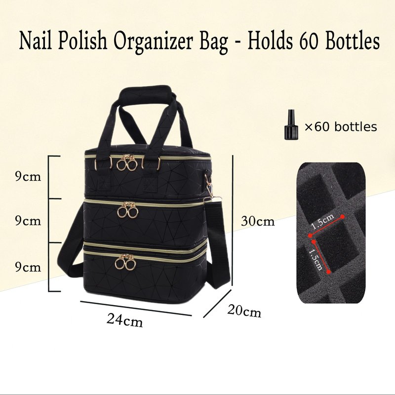 Wifeassistant 3 Layers Nail Polish Organizer Bag - Holds 60 Bottles,Portable Travel Case with Shoulder Strap,Nail Tech Kit Storage,Versatile Cosmetics Case,Detachable,Waterproof,Gifts for Women