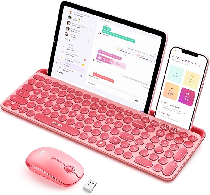 seenda Bluetooth Keyboard and Mouse for iPad, CTU-301 Wireless Multi-Device Connection Bluetooth+2.4G Keyboard Mouse Combo with Tablet Holder for iPad/MacBook/Windows, iOS/Android/Phone, Coral Pink