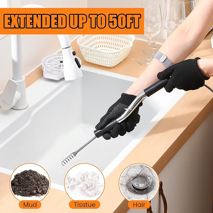 50 ft Drain Auger Plumbing Snake for Heavy Deep Blockages 1/4" Diameter Flexible Plumbing Cables Drain Snake for Kitchen Bathroom Shower Sink Cleaning Drainage Clogs