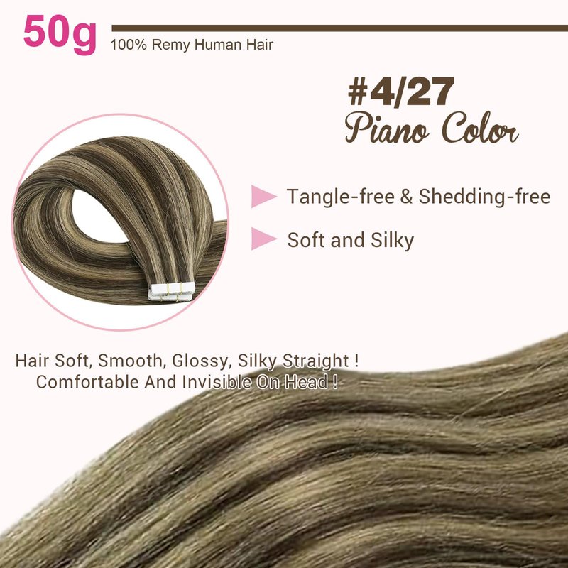 GEELOOK Tape in Hair Extensions Human Hair 20 inch Skin Weft Tape in Straight Thick Natural Hair Extensions with 12 Pieces Replacement Tape 20pcs 50g Chocolate Brown/Light Blonde #4/27